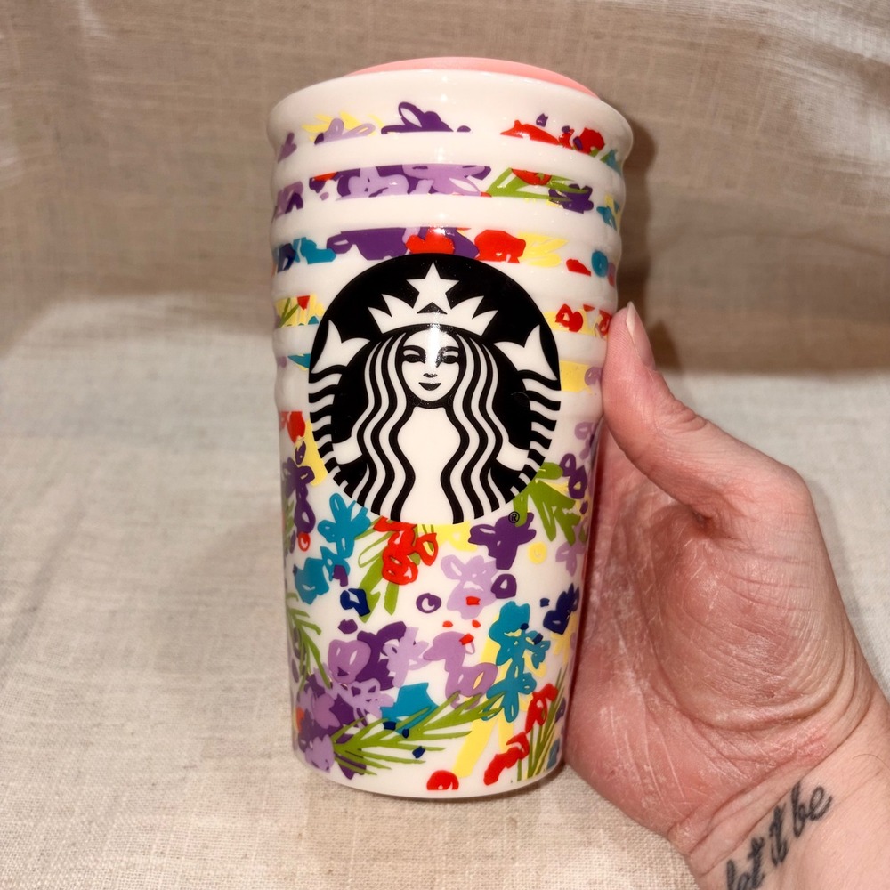Starbucks Tumbler Floral Print Ceramic Travel Mug Pink Lid 10 fl oz Year 2016